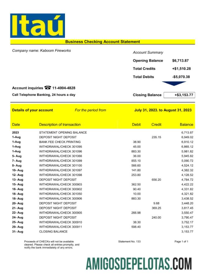 Em branco Bank Itaú Enterprise Account Statement Word And PDF modelo
